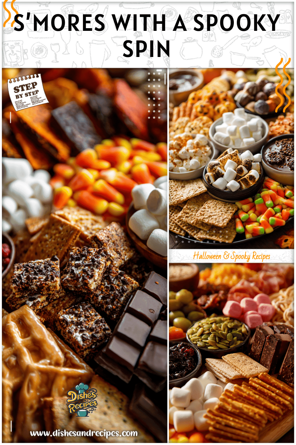 A Halloween S’more Charcuterie Board with marshmallows, chocolate, and festive fall snacks.